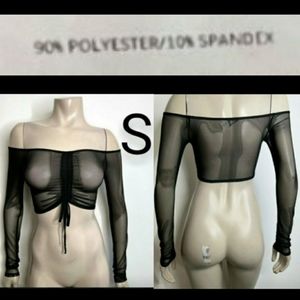 🆕Black Off Shoulder Mesh Long Sleeve Crop Top   Size S